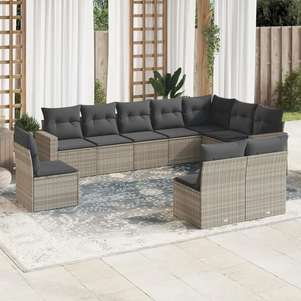 Set Divano Giardino 10 pz con Cuscini Grigio Chiaro Polyrattan