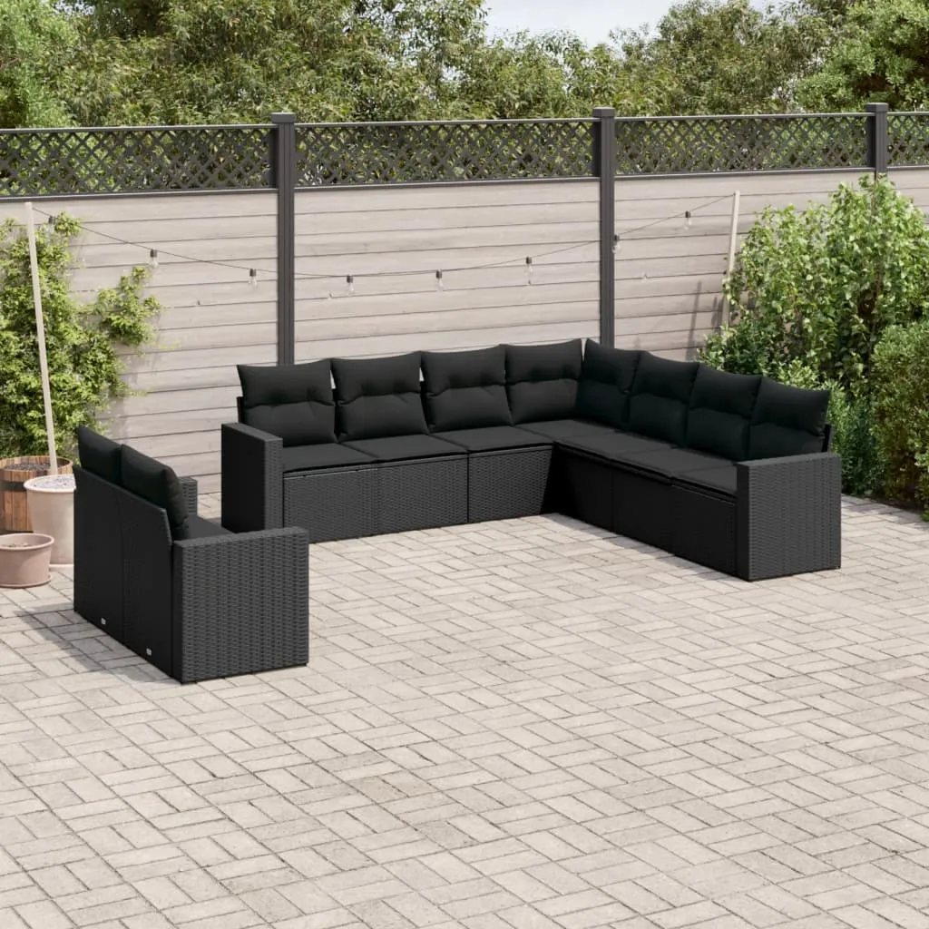 vidaXL Set Divani da Giardino 9 pz con Cuscini Nero in Polyrattan