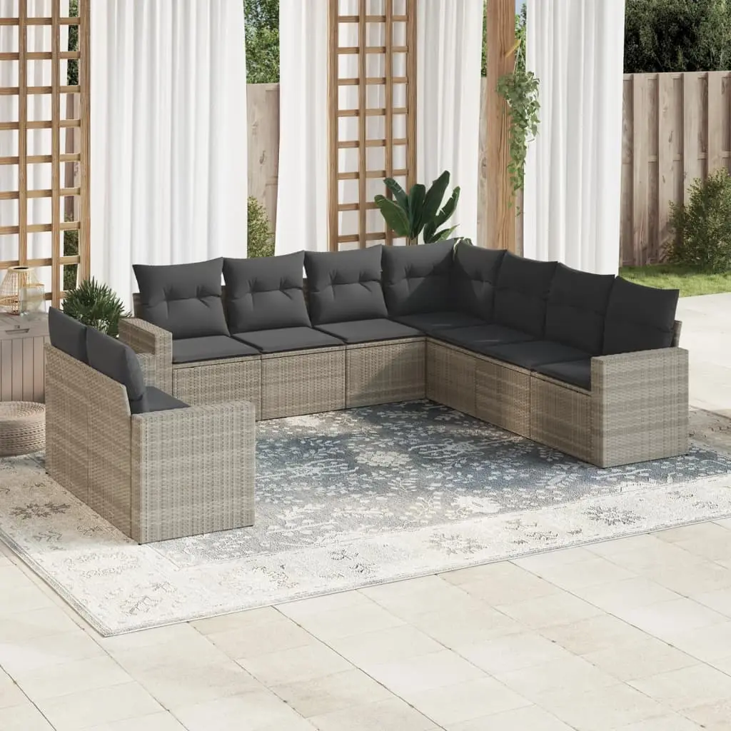 Set Divano da Giardino 9pz con Cuscini Grigio Chiaro Polyrattan