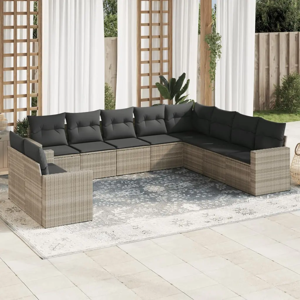 Set Divano Giardino 10 pz con Cuscini Grigio Chiaro Polyrattan