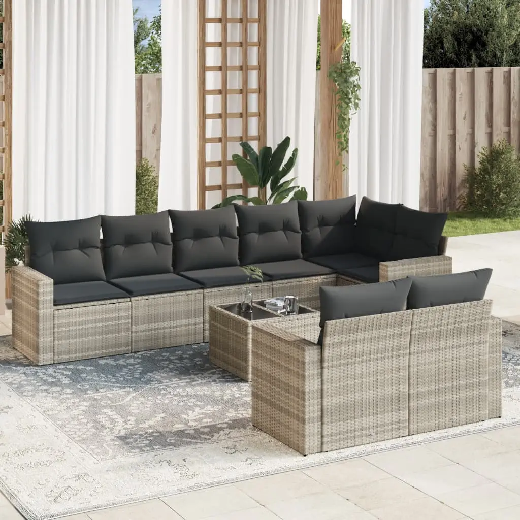 Set Divano da Giardino 9pz con Cuscini Grigio Chiaro Polyrattan