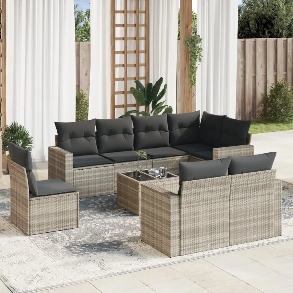 Set Divano da Giardino 9pz con Cuscini Grigio Chiaro Polyrattan