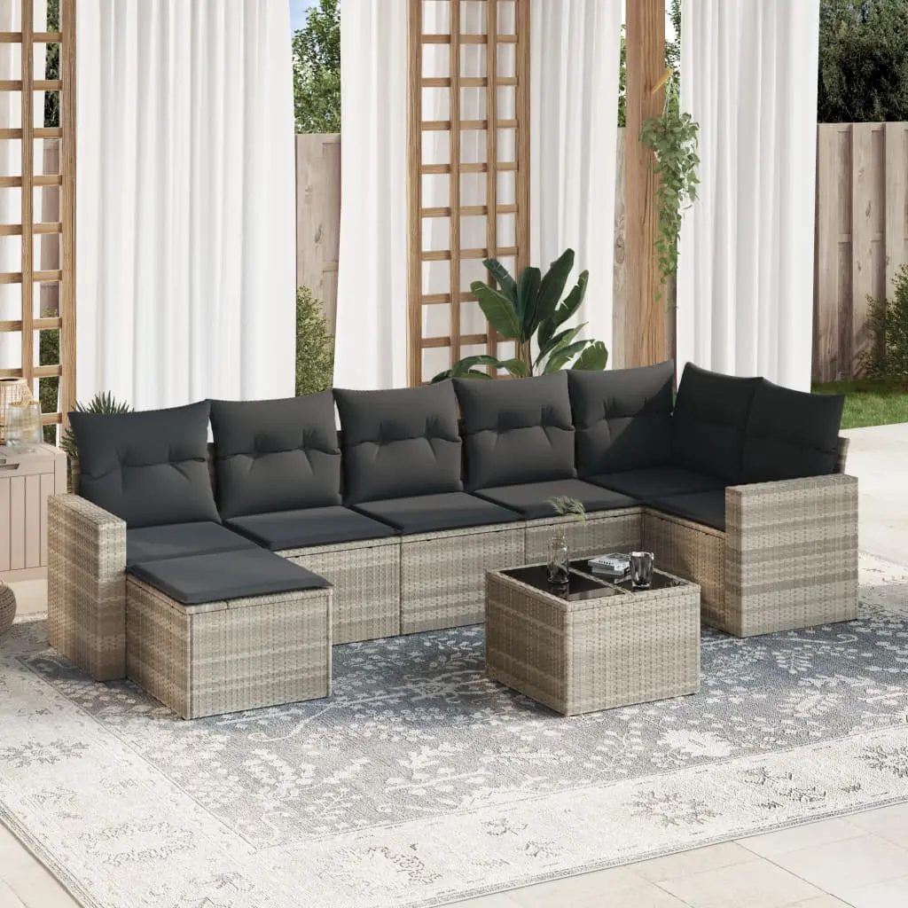 Set Divano da Giardino 8pz con Cuscini Grigio Chiaro Polyrattan