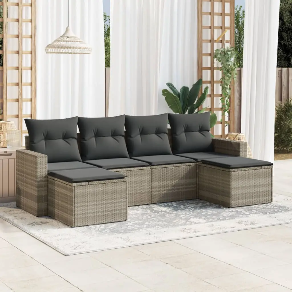 Set Divano da Giardino 6pz con Cuscini Grigio Chiaro Polyrattan