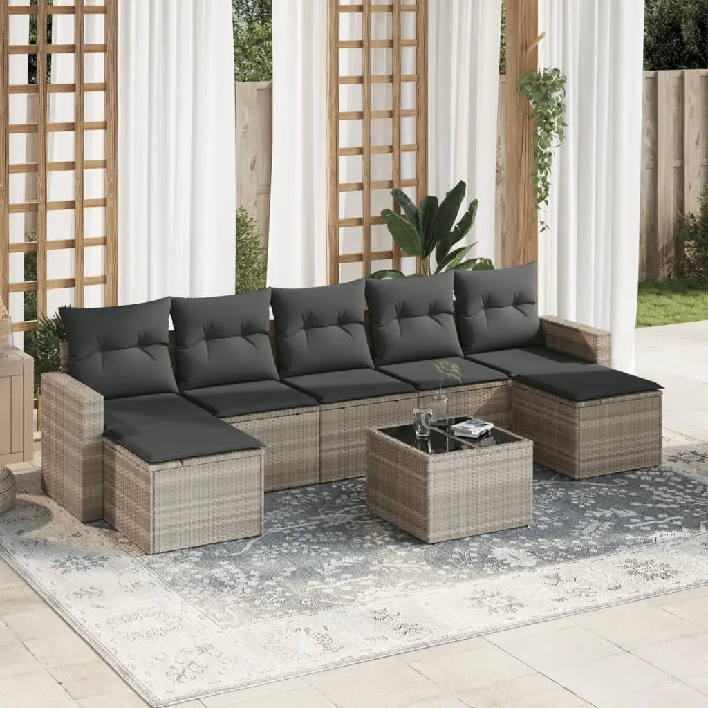 Set Divano da Giardino 8pz con Cuscini Grigio Chiaro Polyrattan