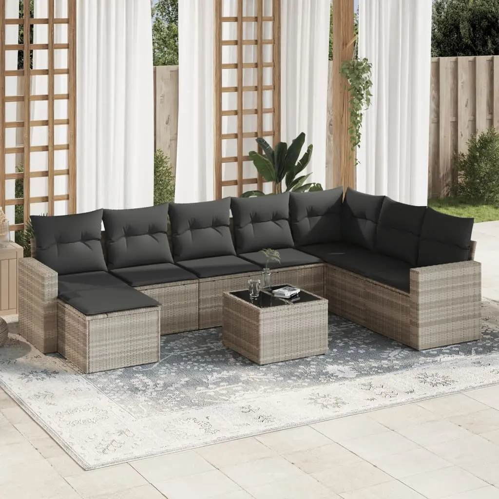 Set Divano da Giardino 9pz con Cuscini Grigio Chiaro Polyrattan