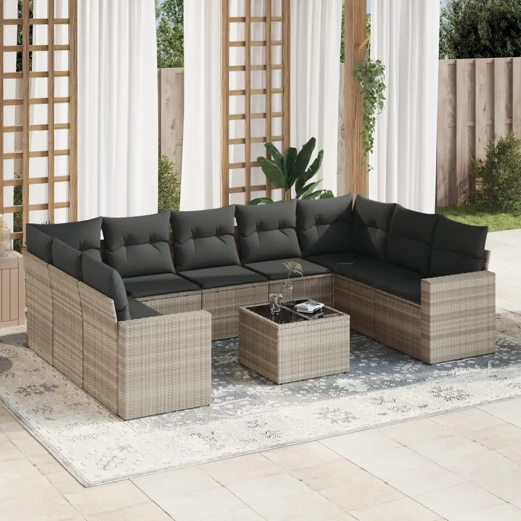 Set Divano Giardino 10 pz con Cuscini Grigio Chiaro Polyrattan