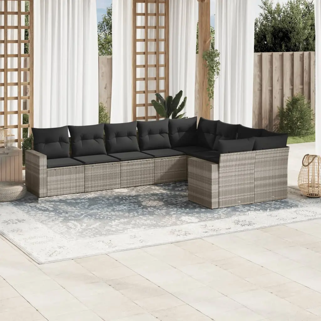 Set Divano da Giardino 9pz con Cuscini Grigio Chiaro Polyrattan