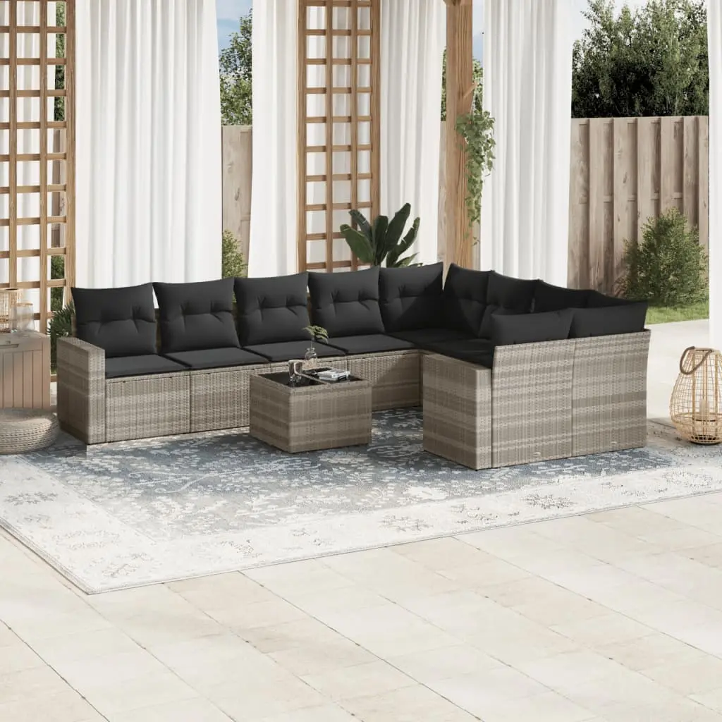 Set Divano Giardino 10 pz con Cuscini Grigio Chiaro Polyrattan