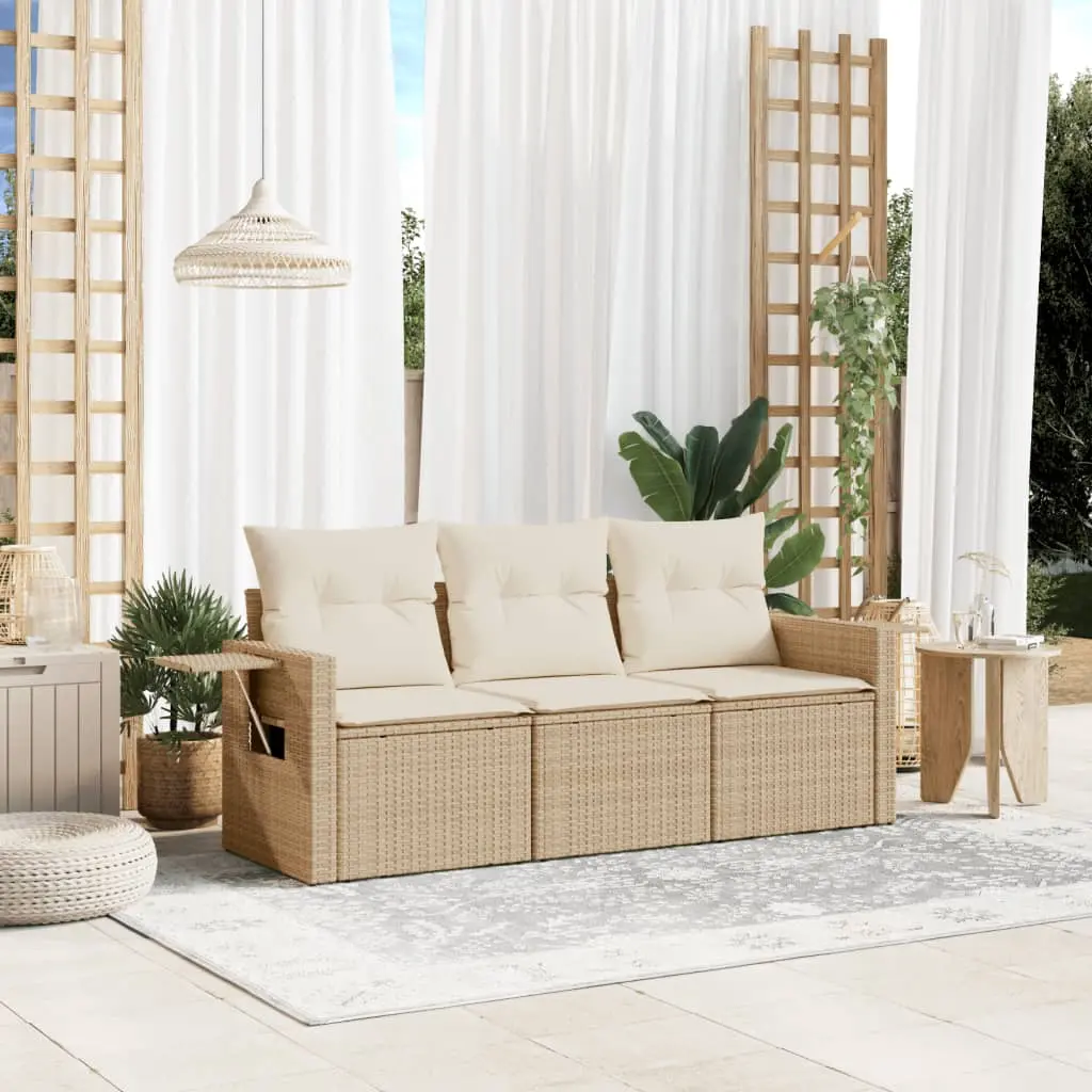 Set Divano da Giardino 3 pz con Cuscini Beige in Polyrattan