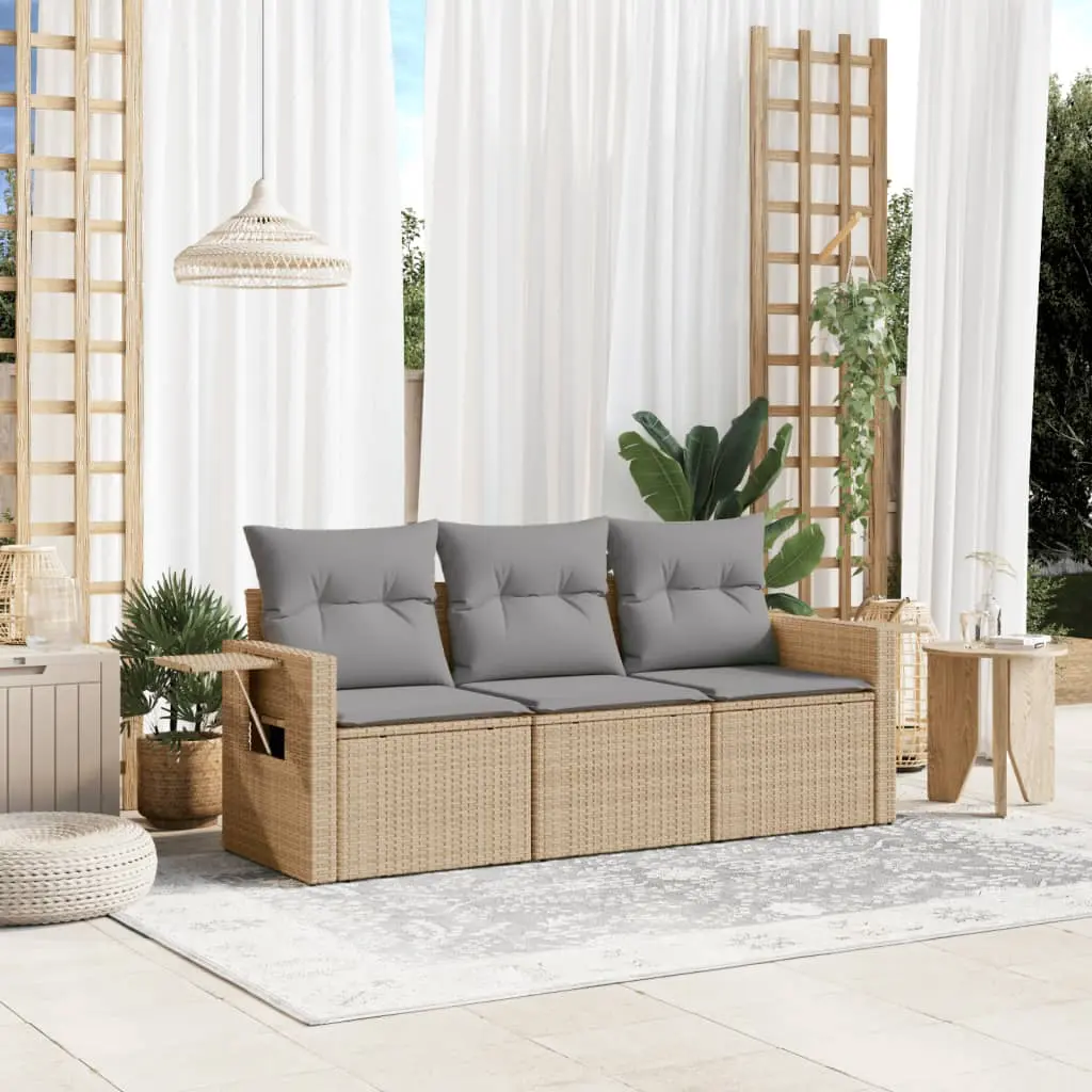 Set Divano da Giardino 3 pz con Cuscini Beige in Polyrattan