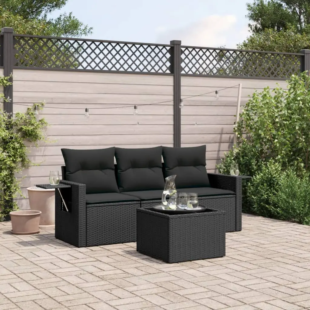 Set Divani da Giardino 4 pz con Cuscini Nero in Polyrattan