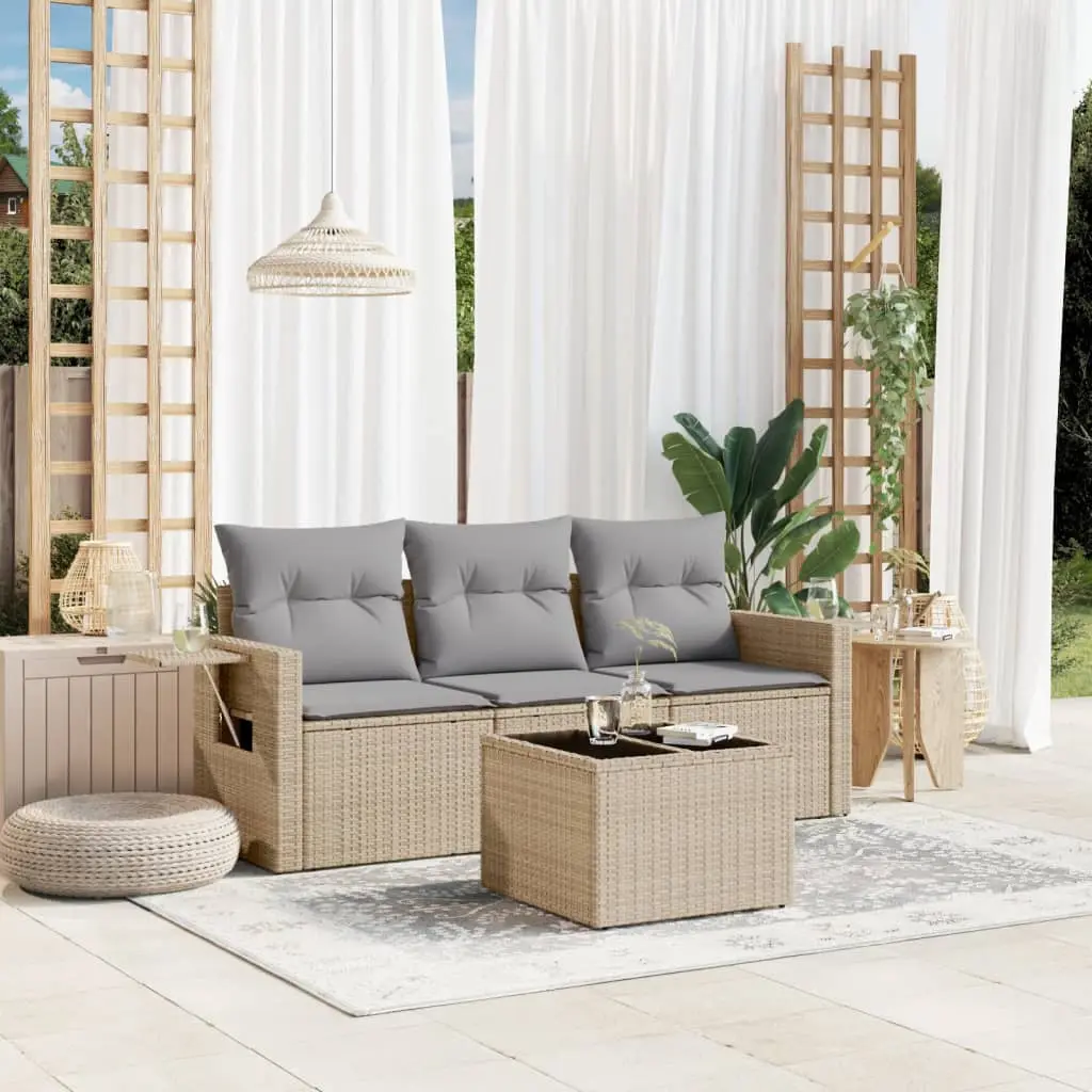 Set Divano da Giardino 4 pz con Cuscini Beige in Polyrattan