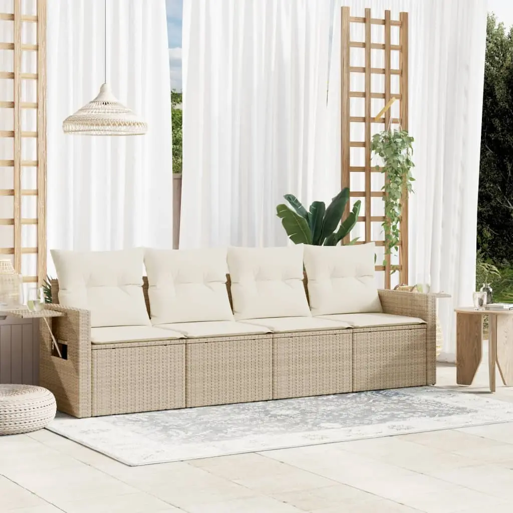 Set Divano da Giardino 4 pz con Cuscini Beige in Polyrattan