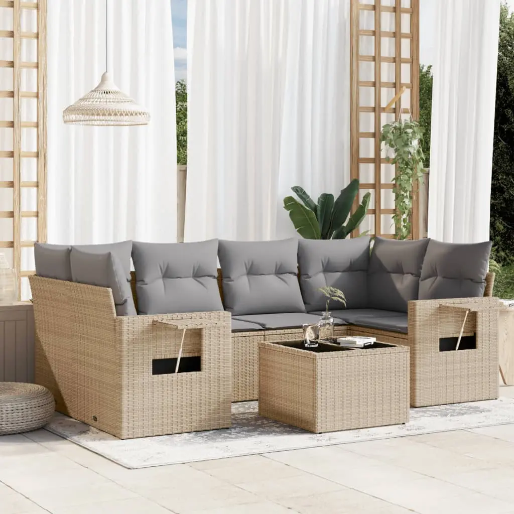 Set Divani da Giardino 7 pz con Cuscini Beige in Polyrattan