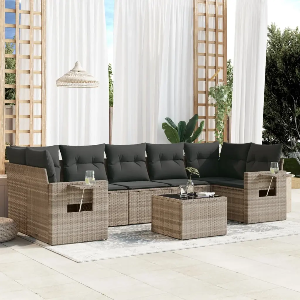 Set Divano da Giardino 8pz con Cuscini Grigio Chiaro Polyrattan