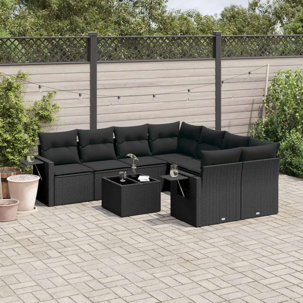 Set Divani da Giardino 9 pz con Cuscini Nero in Polyrattan