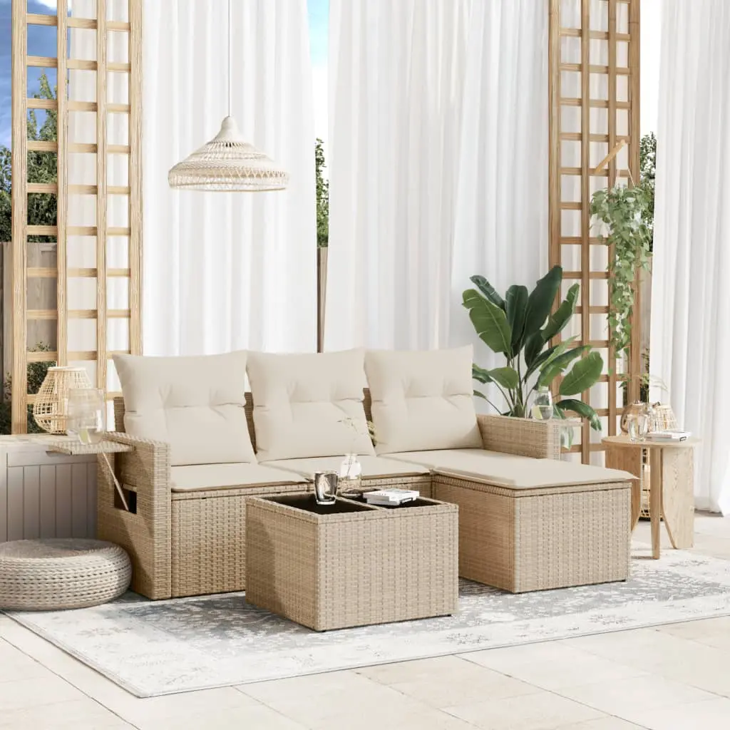 Set Divano da Giardino 4 pz con Cuscini Beige in Polyrattan