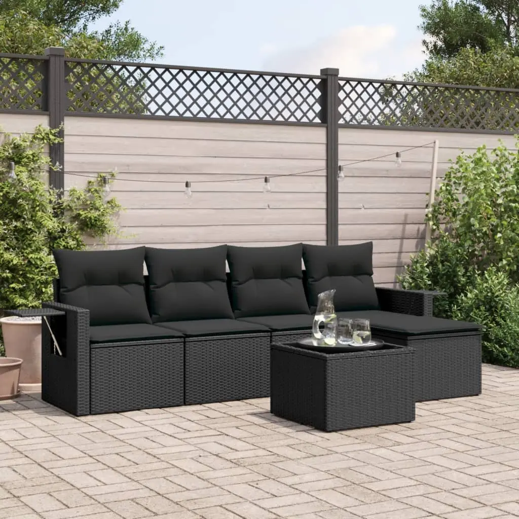 Set Divano da Giardino 6 pz con Cuscini Nero in Polyrattan