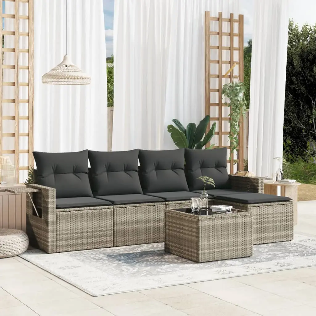 Set Divano da Giardino 6pz con Cuscini Grigio Chiaro Polyrattan