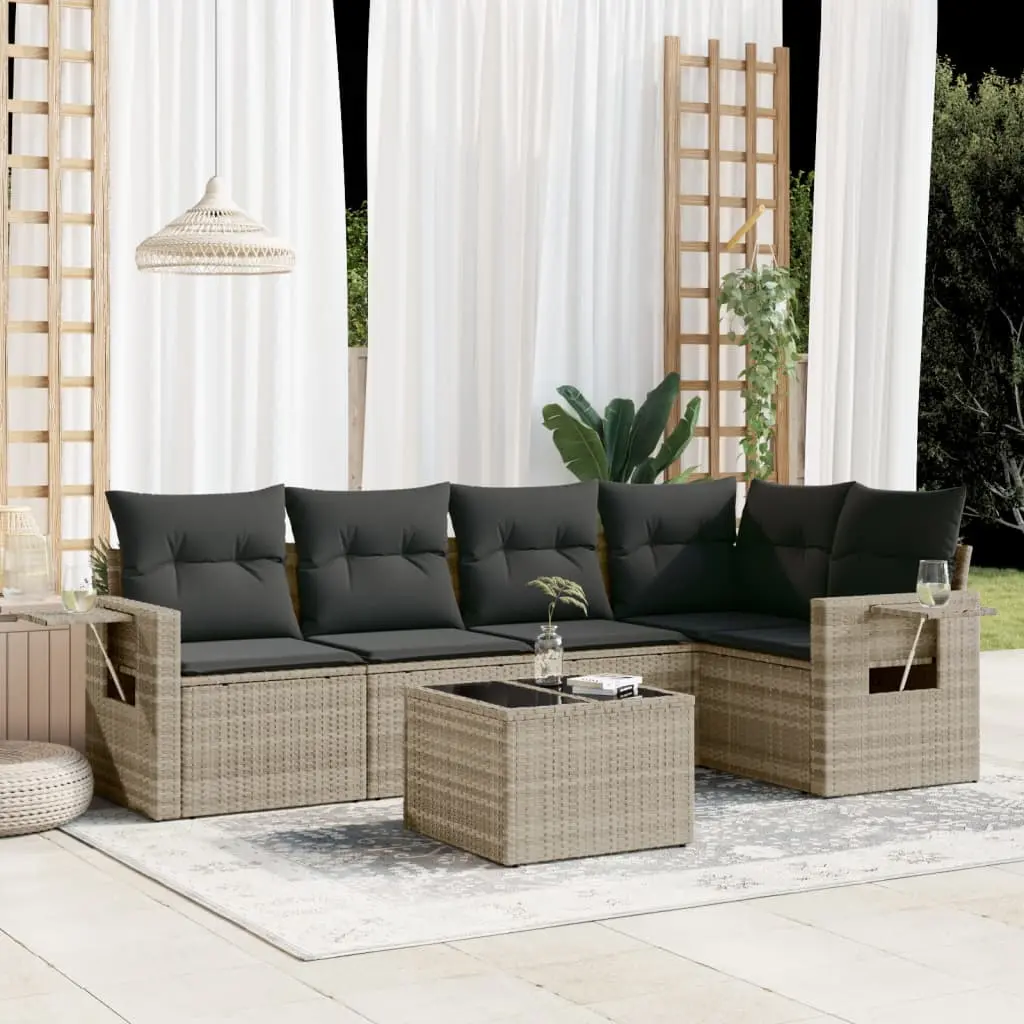 Set Divano da Giardino 6pz con Cuscini Grigio Chiaro Polyrattan