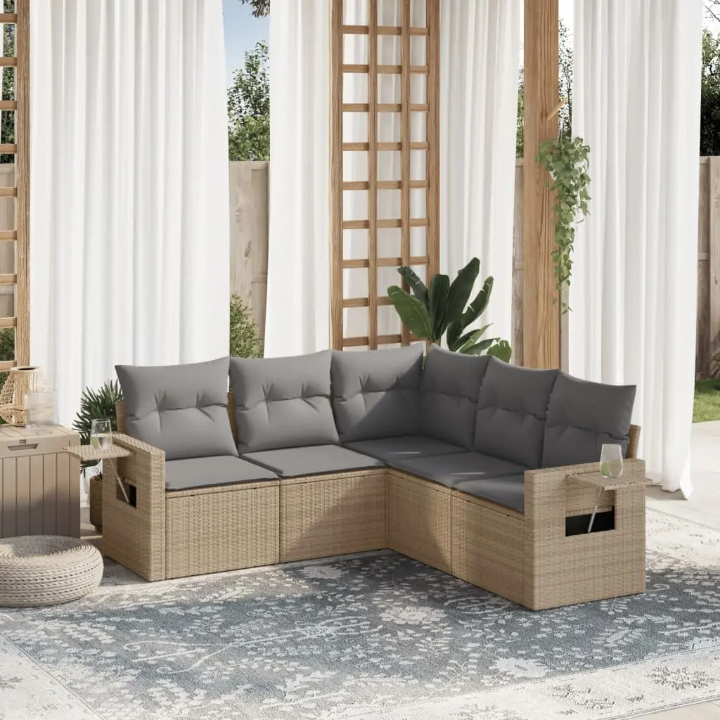 Set Divano da Giardino 5 pz con Cuscini Beige in Polyrattan