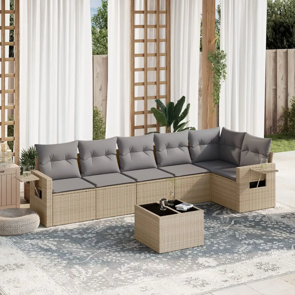 Set Divani da Giardino 7 pz con Cuscini Beige in Polyrattan