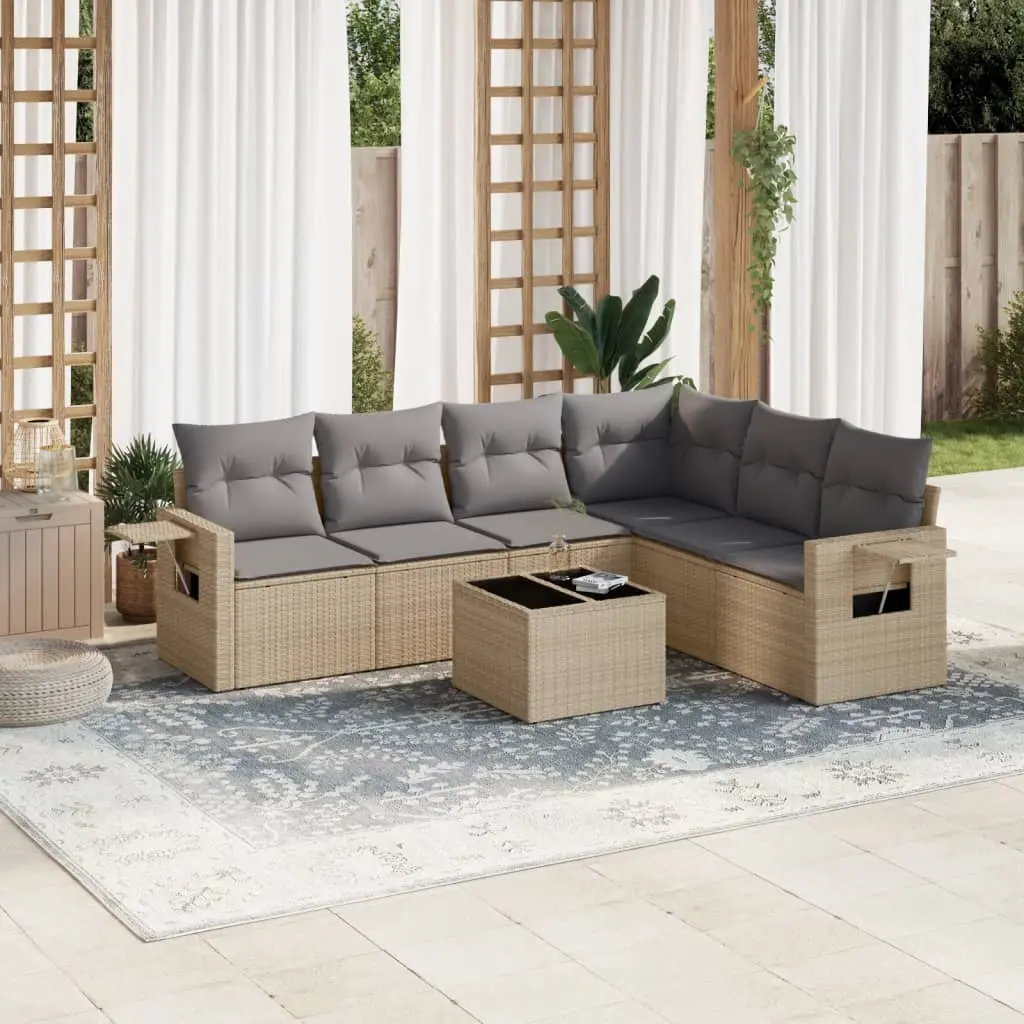 Set Divani da Giardino 7 pz con Cuscini Beige in Polyrattan