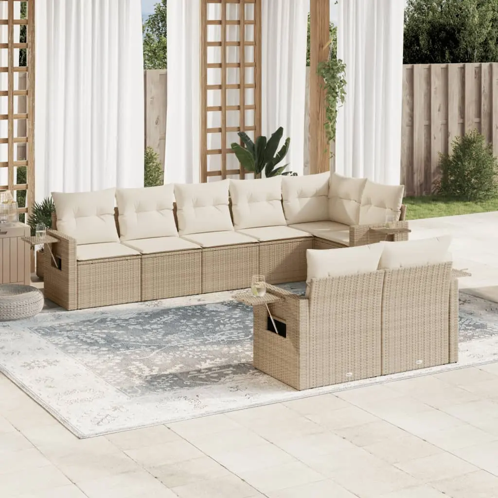 Set Divano da Giardino 8 pz con Cuscini Beige in Polyrattan