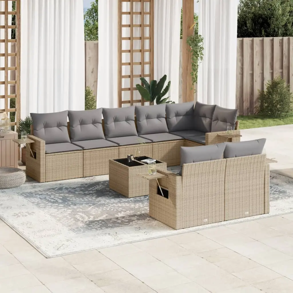 Set Divano da Giardino 9 pz con Cuscini Beige in Polyrattan