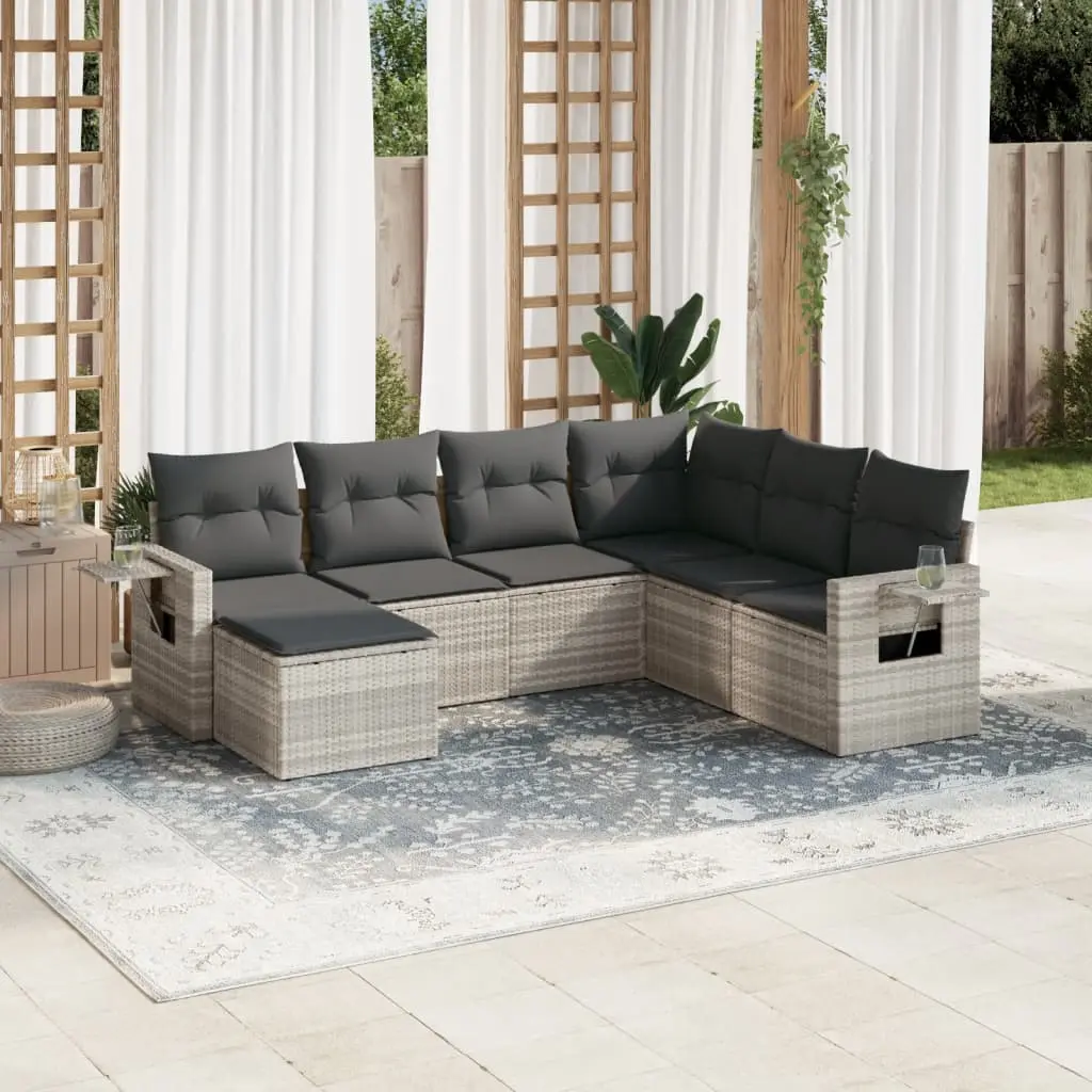 Set Divani da Giardino 7pz con Cuscini Grigio Chiaro Polyrattan