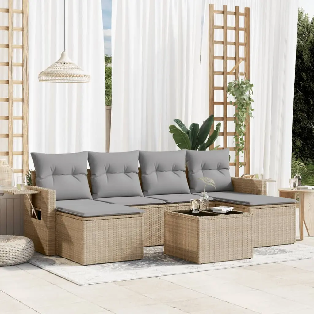 Set Divani da Giardino 7 pz con Cuscini Beige in Polyrattan