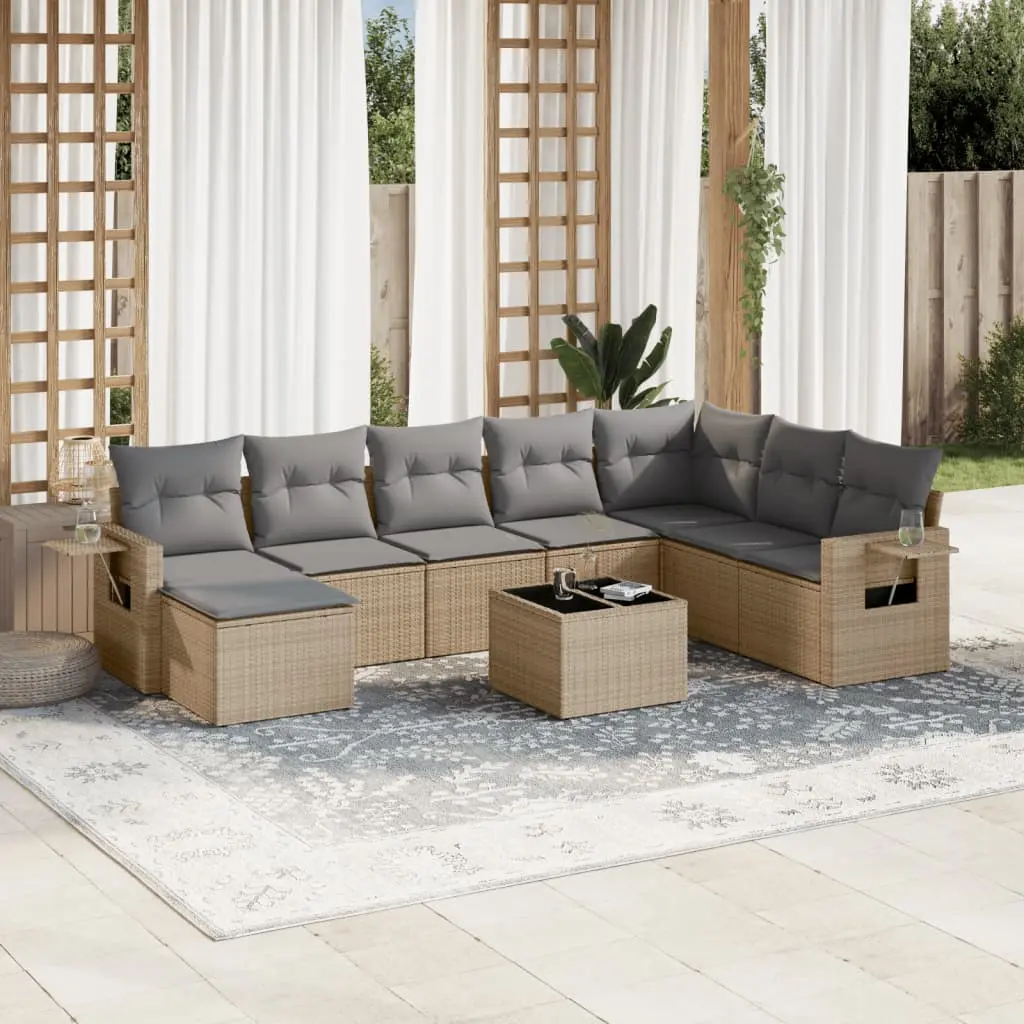 Set Divano da Giardino 9 pz con Cuscini Beige in Polyrattan