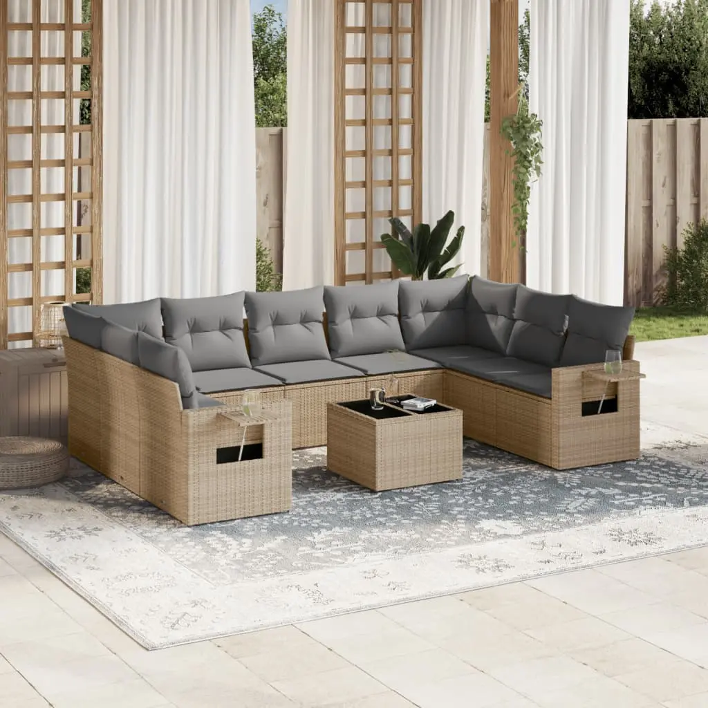 Set Divano da Giardino 10 pz con Cuscini Beige in Polyrattan