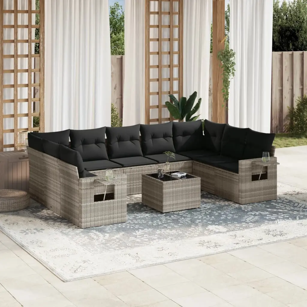 Set Divano Giardino 10 pz con Cuscini Grigio Chiaro Polyrattan