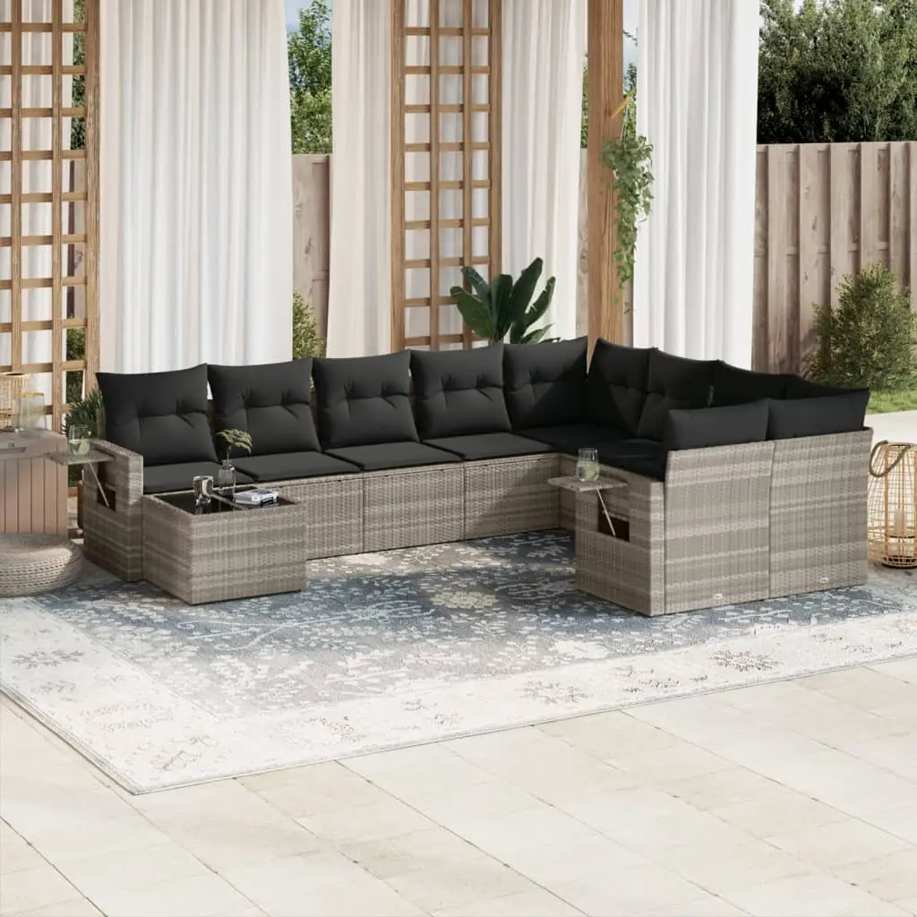 Set Divano Giardino 10 pz con Cuscini Grigio Chiaro Polyrattan