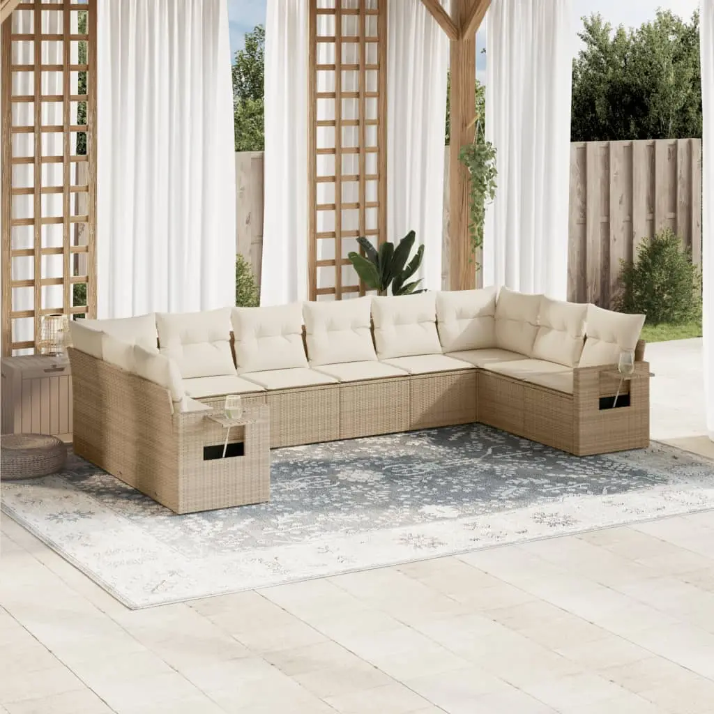 Set Divano da Giardino 10 pz con Cuscini Beige in Polyrattan