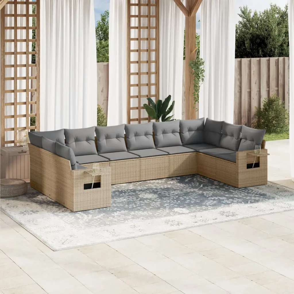 Set Divano da Giardino 10 pz con Cuscini Beige in Polyrattan