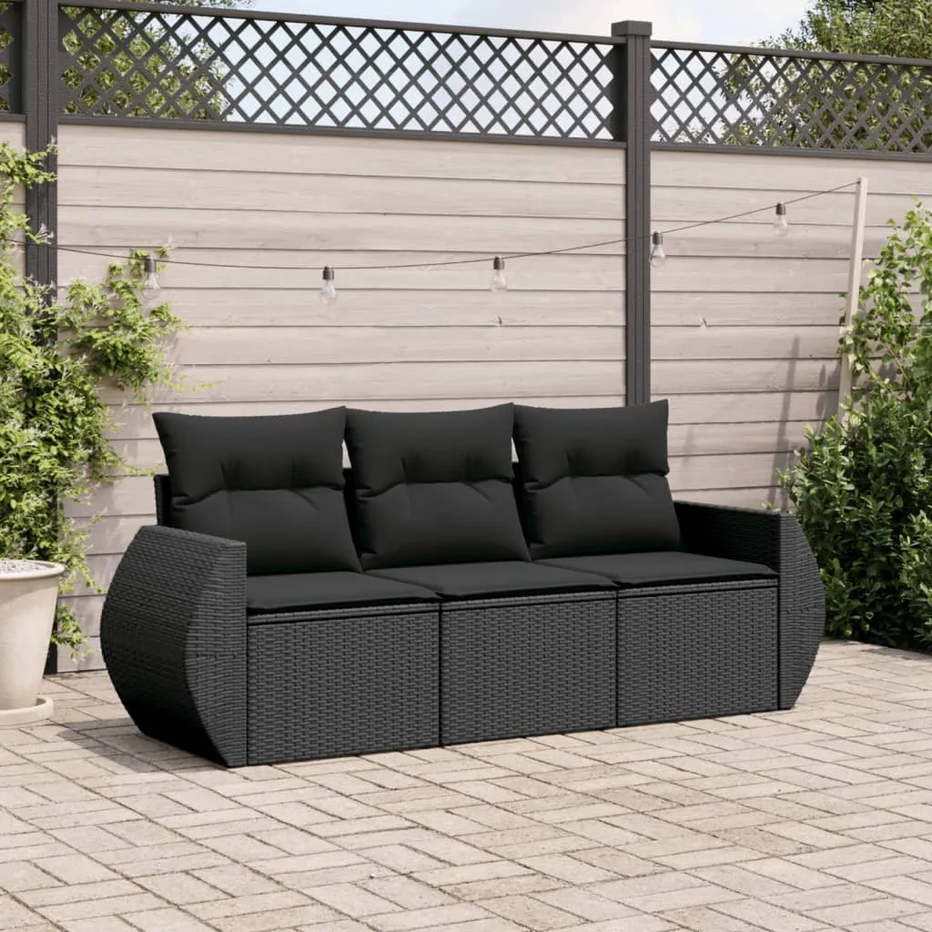 vidaXL Set Divani da Giardino 3 pz con Cuscini in Polyrattan Nero