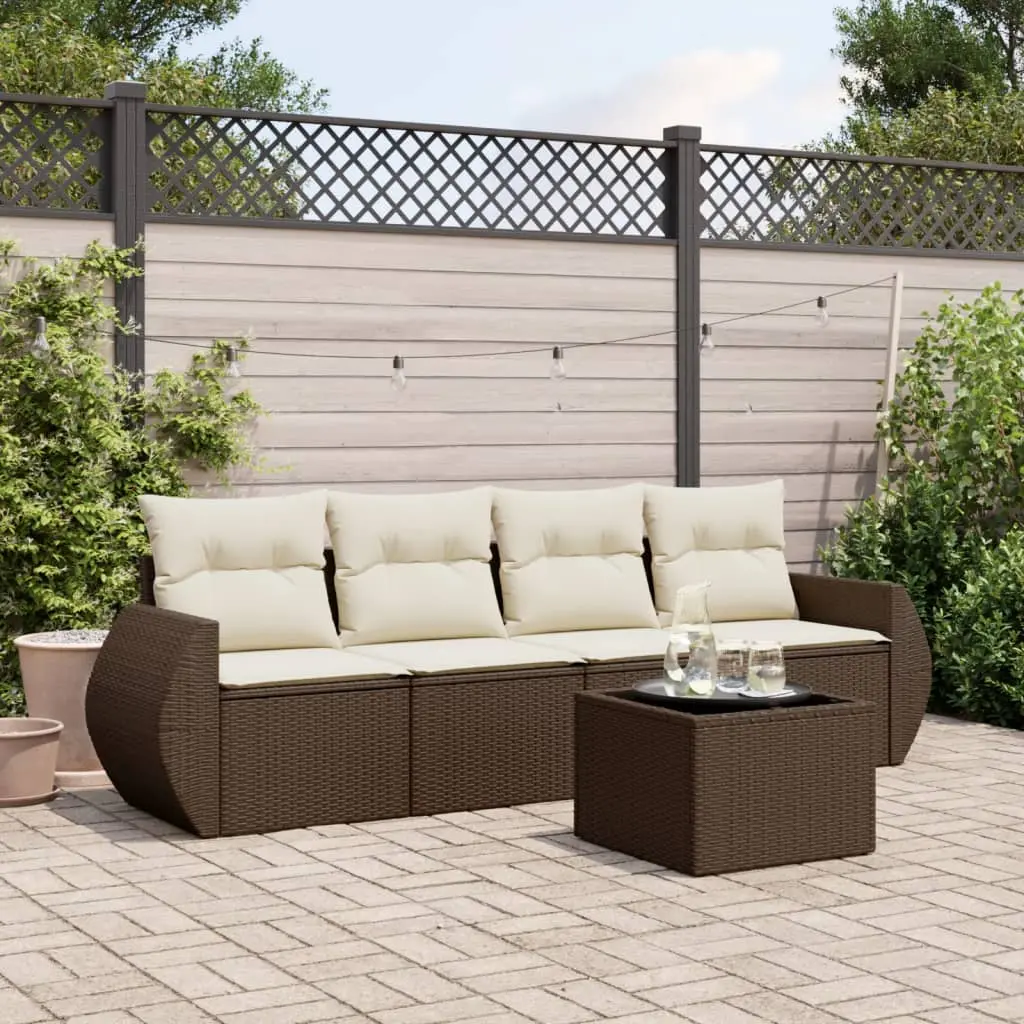 Set Divano da Giardino 5 pz con Cuscini Marrone in Polyrattan