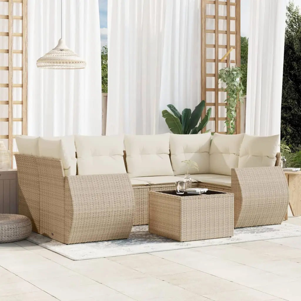 Set Divani da Giardino 7 pz con Cuscini Beige in Polyrattan