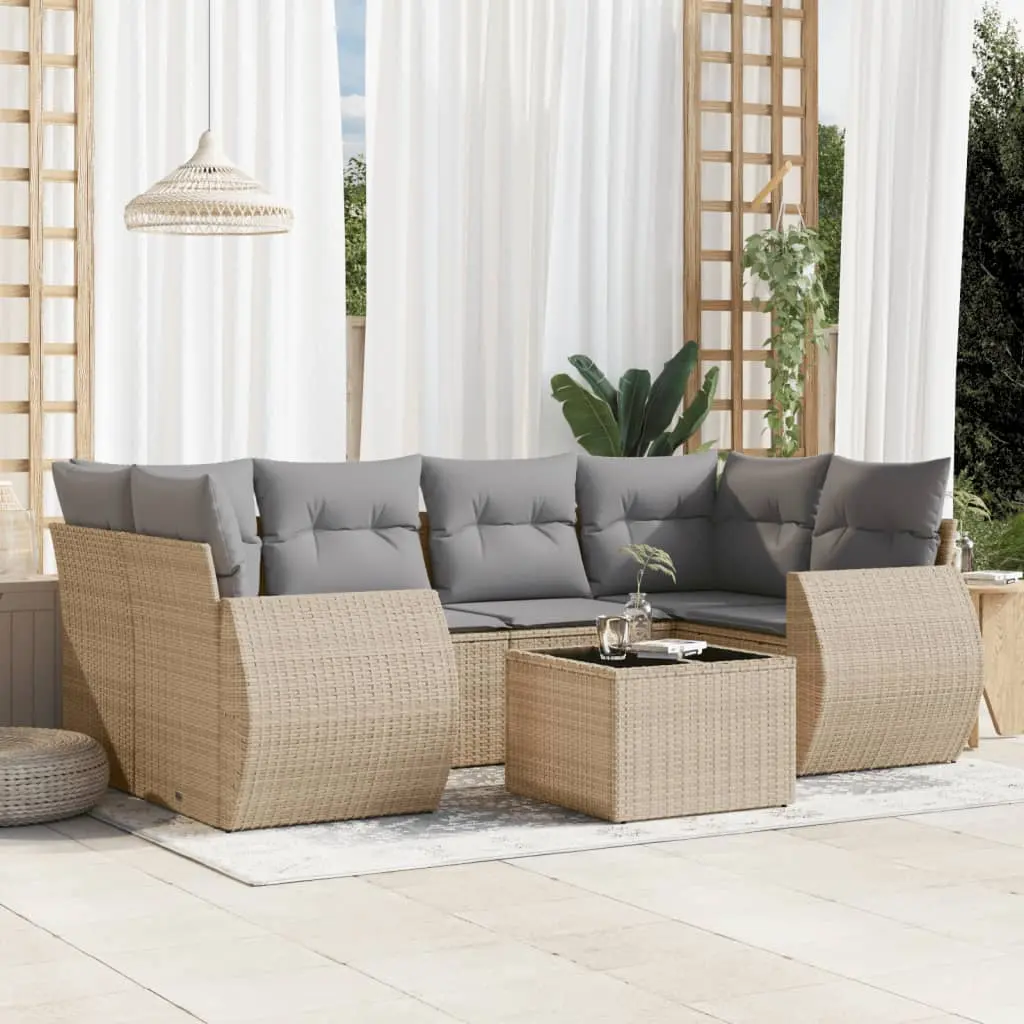 Set Divani da Giardino 7 pz con Cuscini Beige in Polyrattan