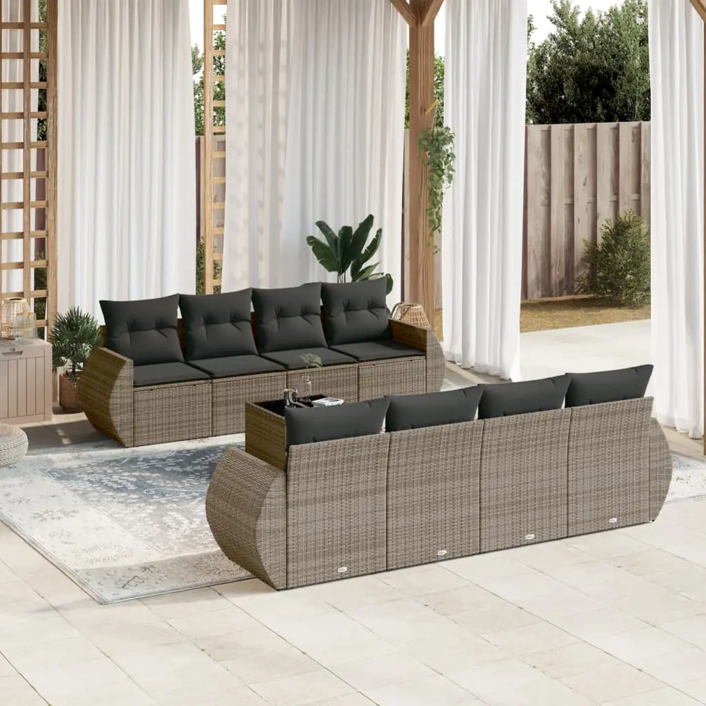 Set Divano da Giardino 9 pz con Cuscini Grigio in Polyrattan