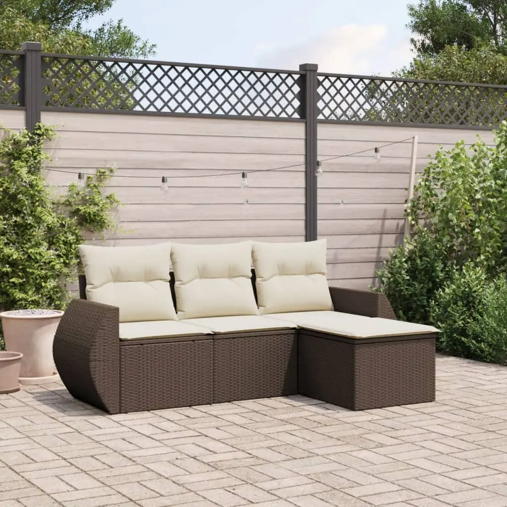 Set Divano da Giardino 4 pz con Cuscini Marrone in Polyrattan