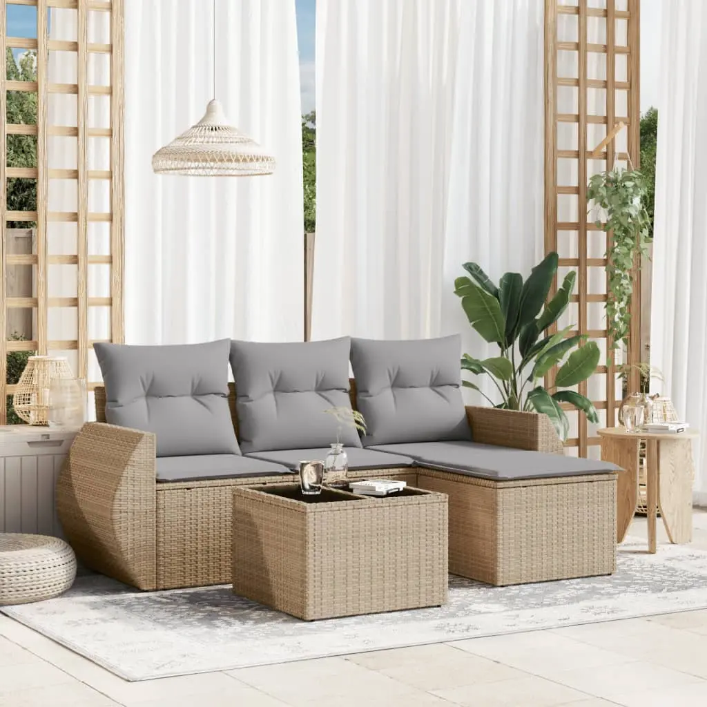 Set Divano da Giardino 5 pz con Cuscini Beige in Polyrattan