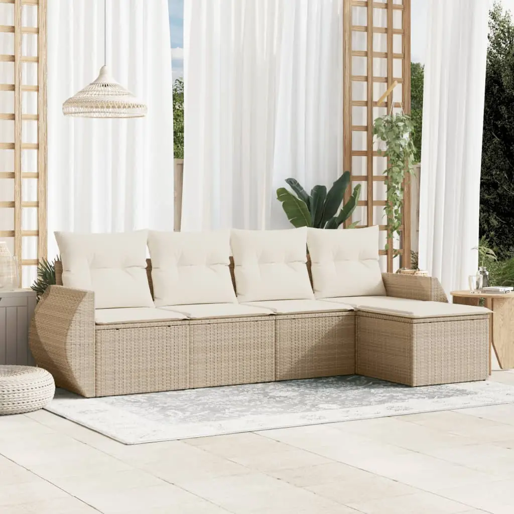 Set Divano da Giardino 5 pz con Cuscini Beige in Polyrattan