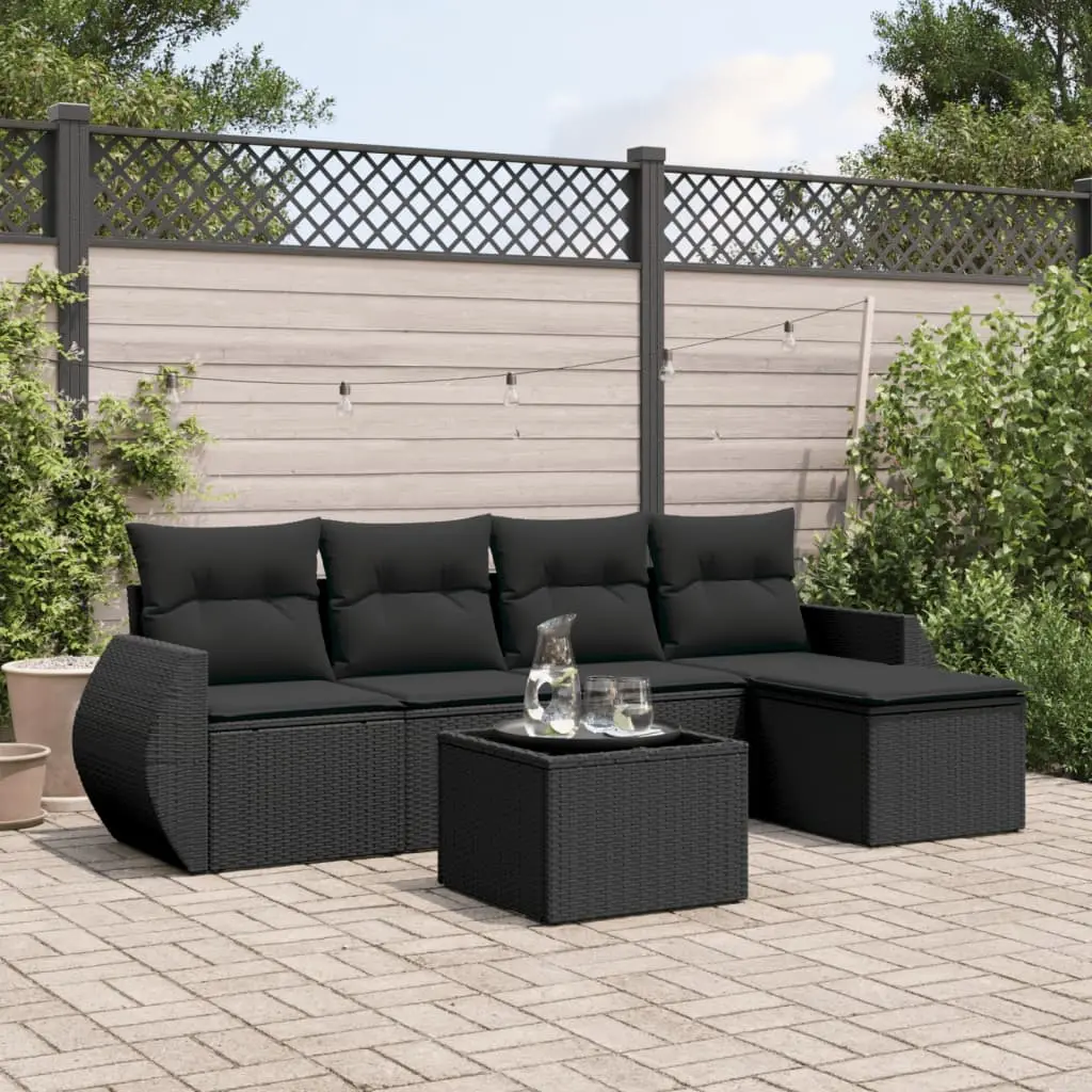 Set Divano da Giardino 6 pz con Cuscini Nero in Polyrattan