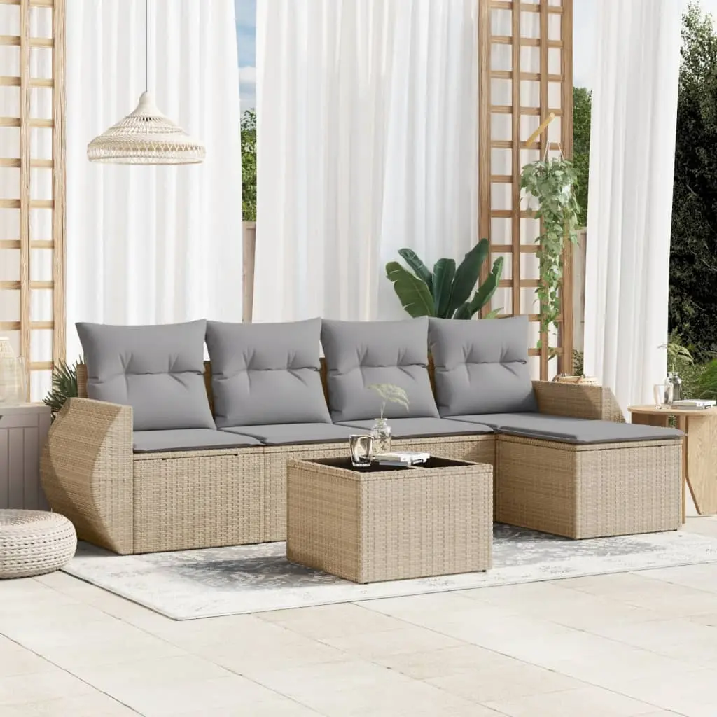 Set Divano da Giardino 6 pz con Cuscini Beige in Polyrattan