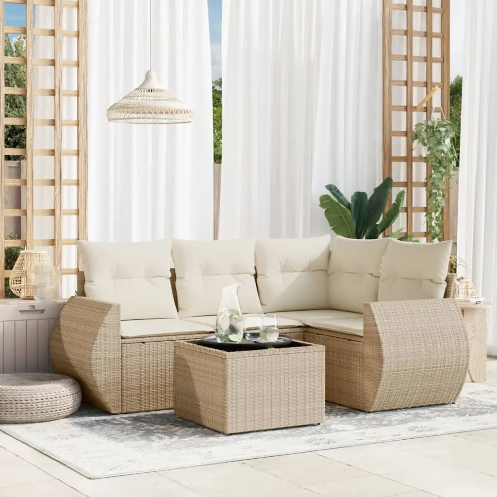 Set Divano da Giardino 5 pz con Cuscini Beige in Polyrattan