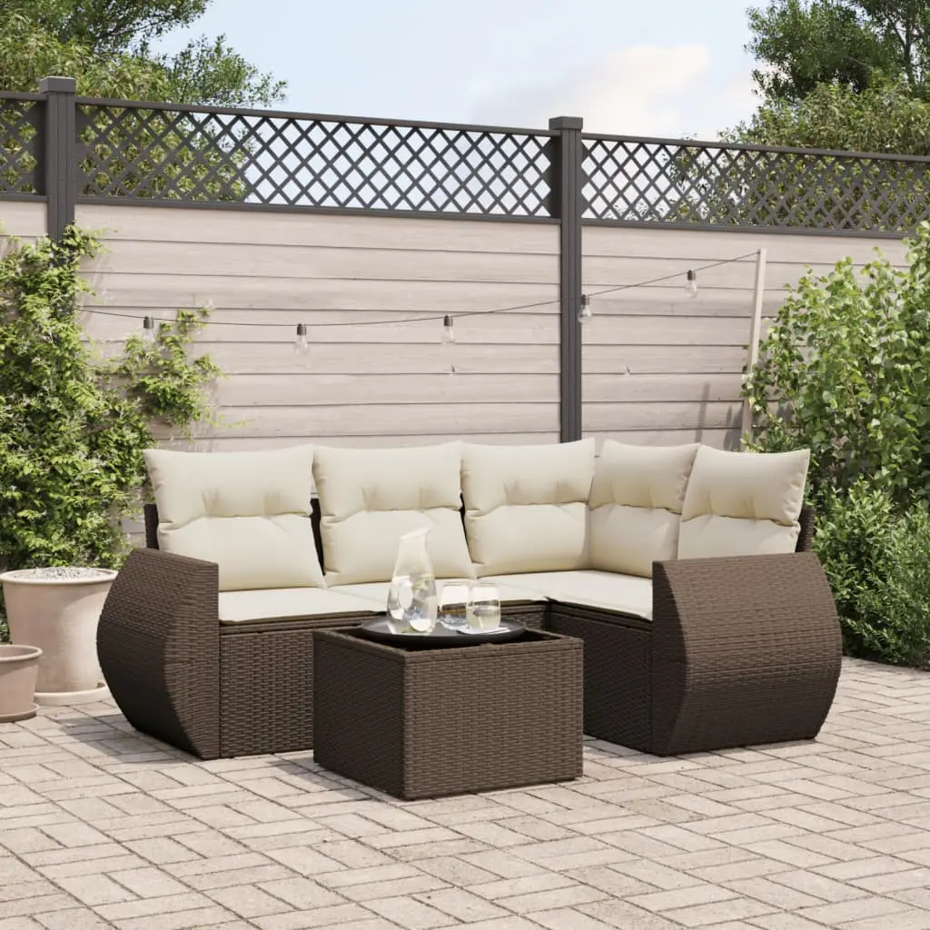 Set Divano da Giardino 5 pz con Cuscini Marrone in Polyrattan